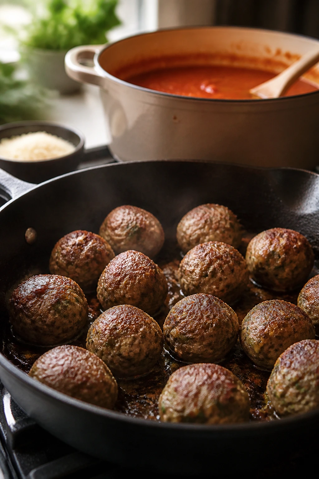 Close-up of browned meatballs in olive oil skillet with glossy tomato sauce in the background