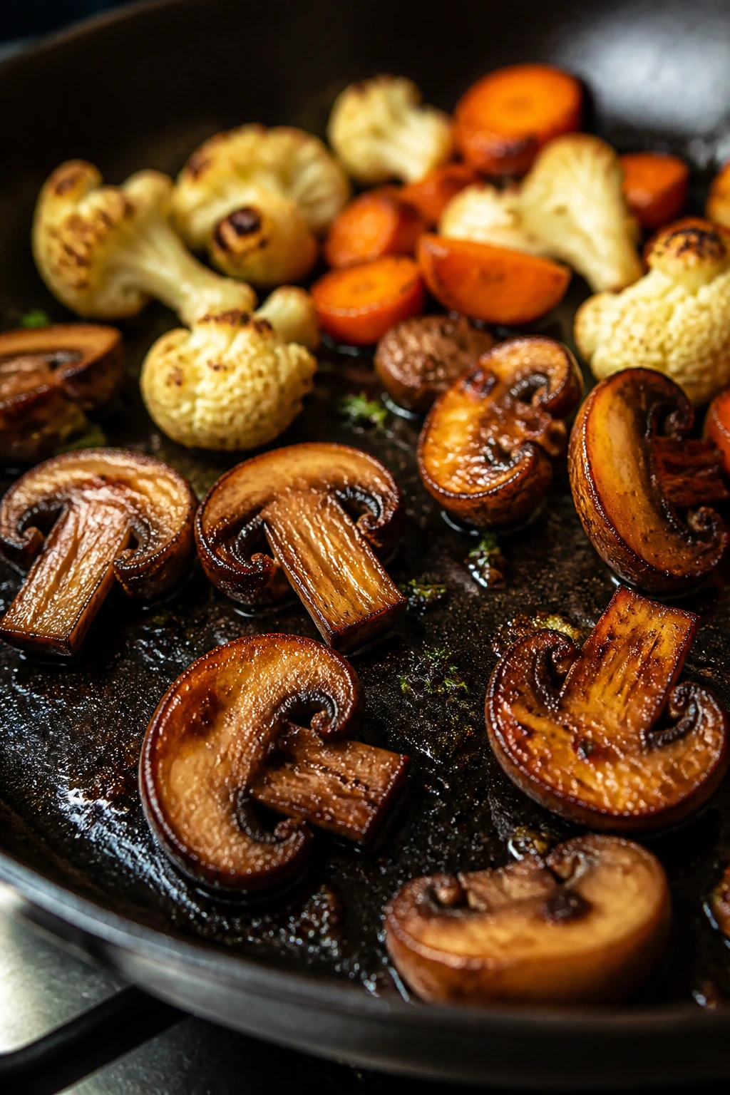 Mushrooms browning in a hot skillet with caramelized edges