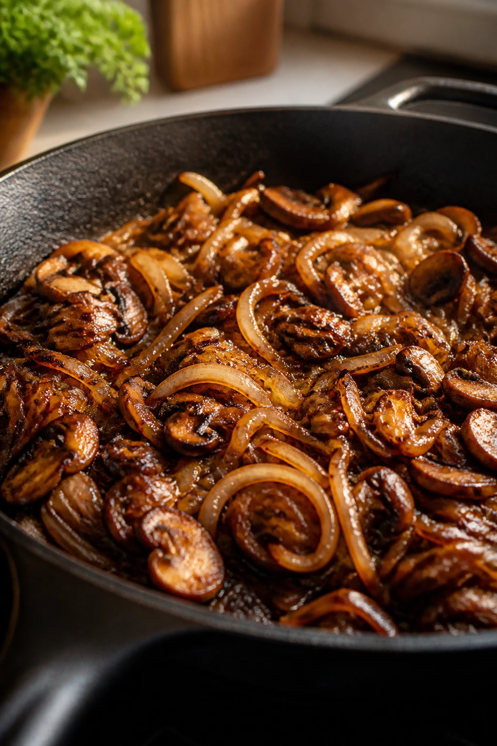 Close-up of browned onions and mushrooms in a skillet.