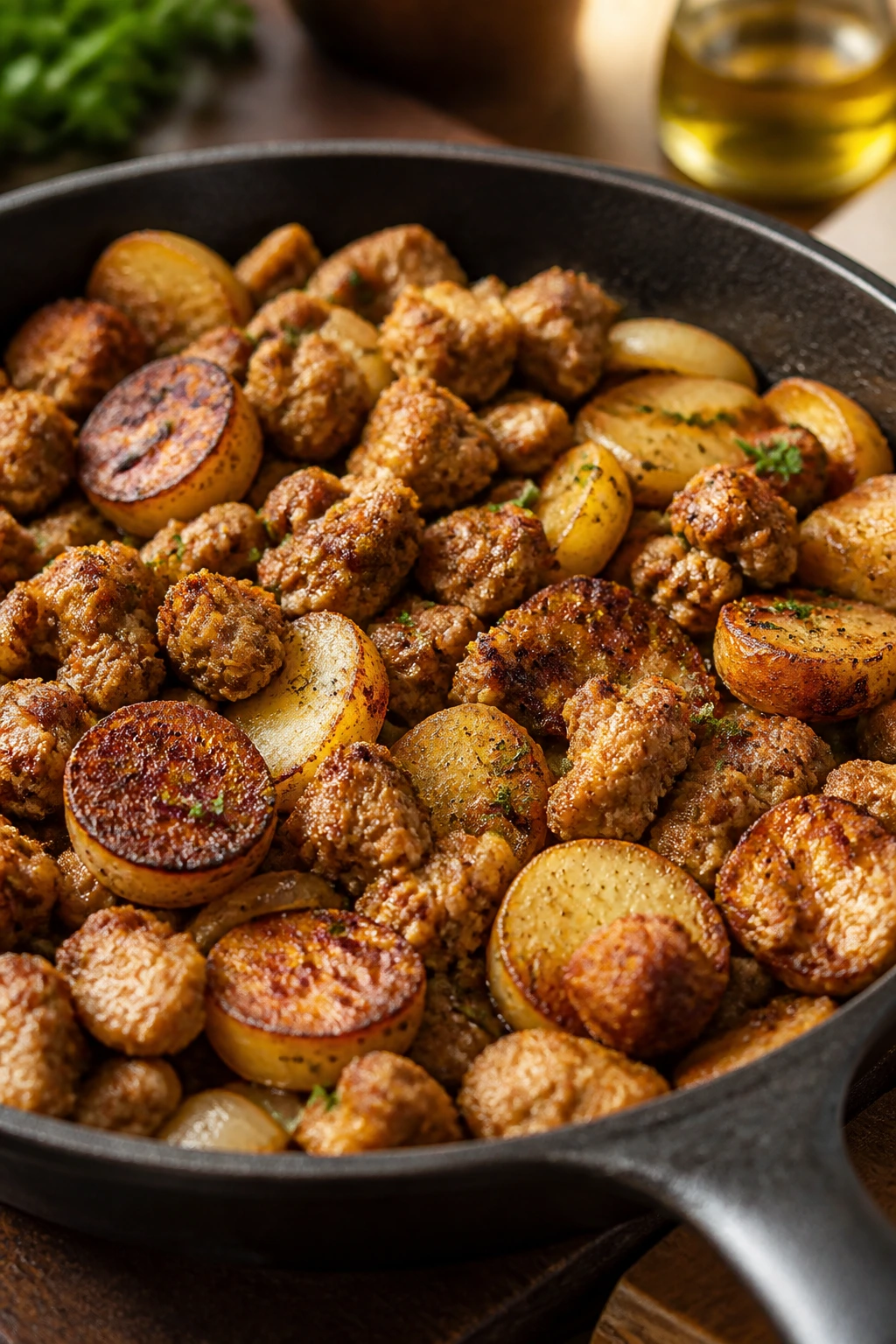 Potatoes browning in a pan with turkey crumbles