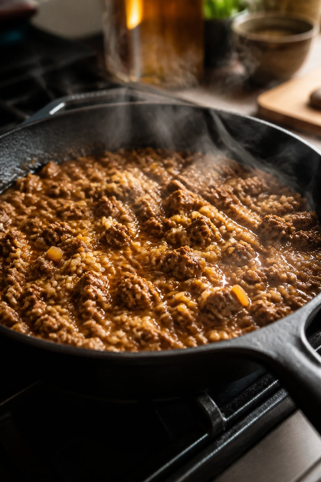Skillet with browned beef and rice in a kitchen scene