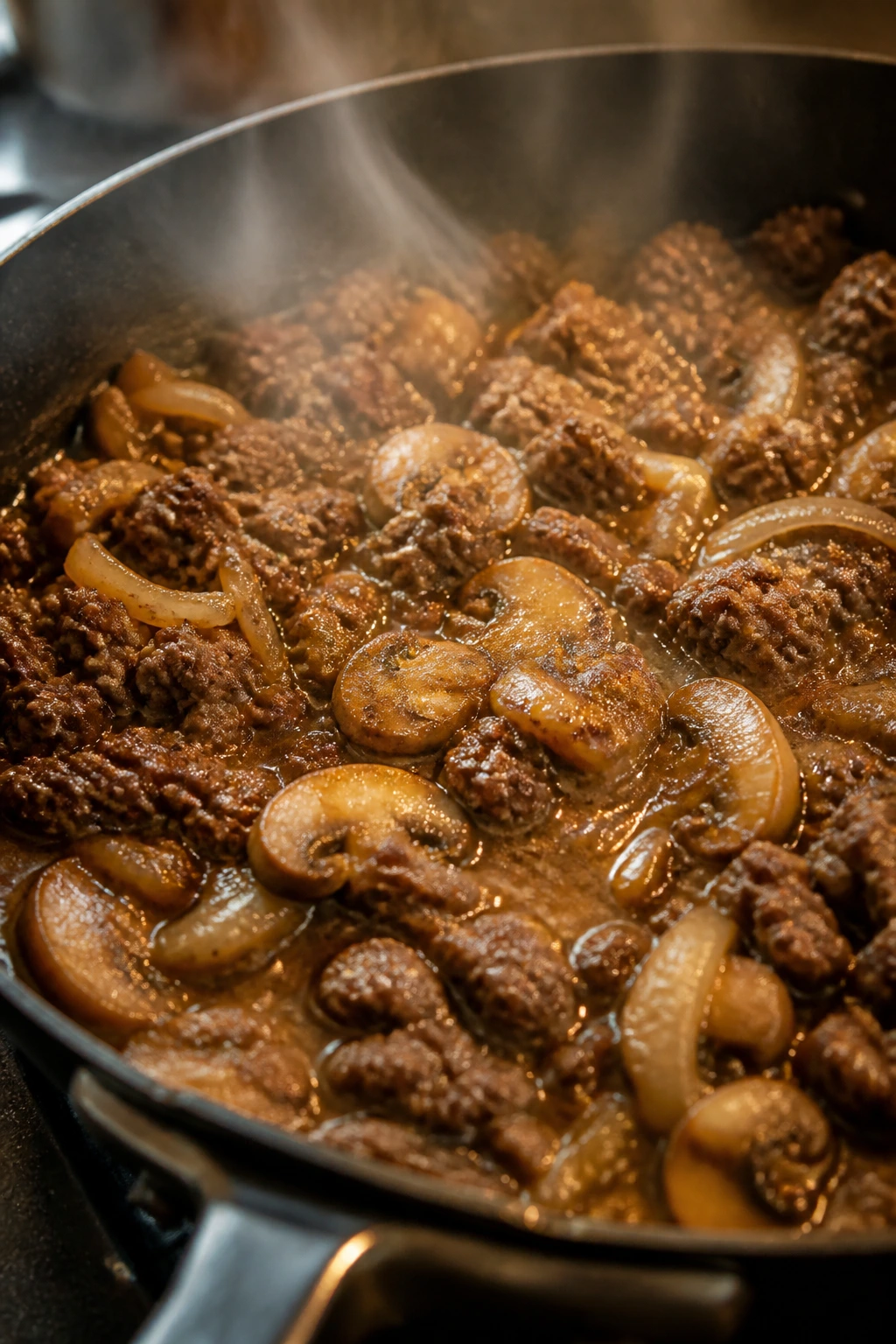 Pan showing browning beef and developing sauce in a cozy kitchen