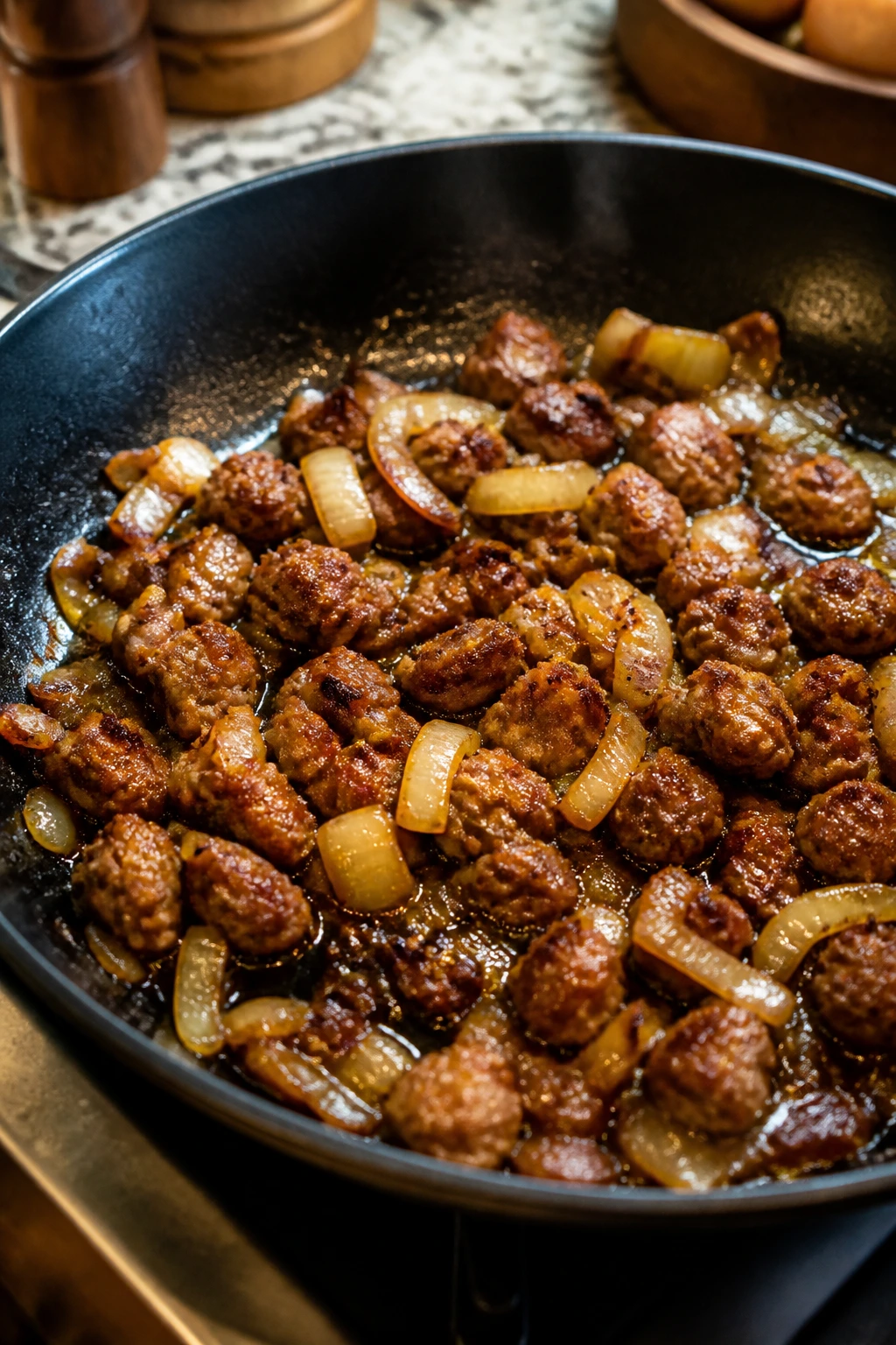 Pan with browned sausage bits and onions forming a sauce