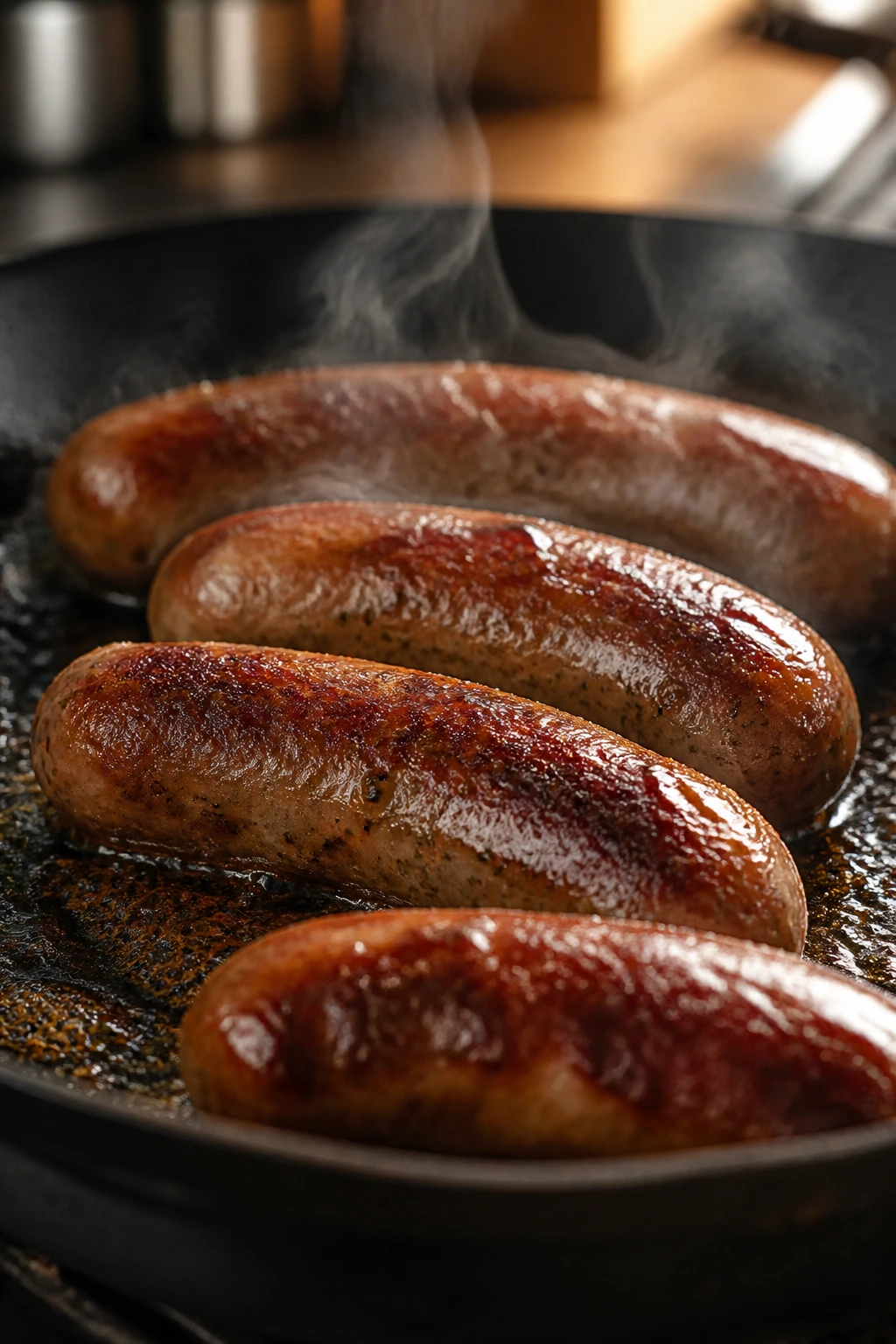 Close-up of browned sausage links in a skillet