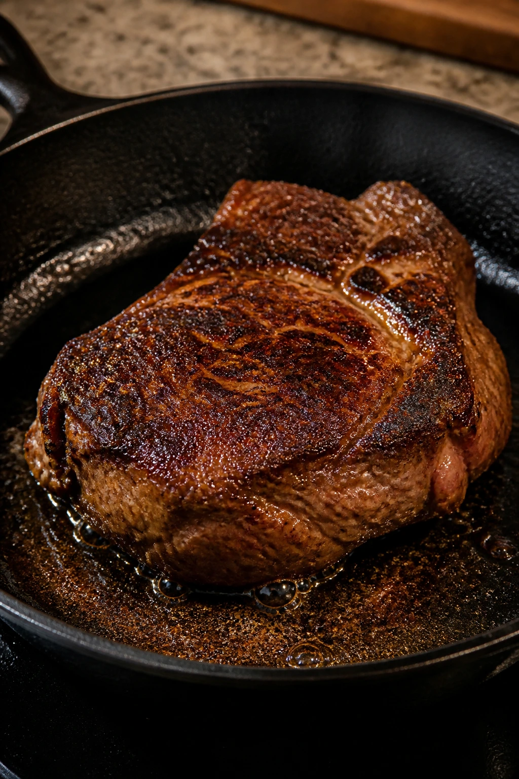 Beef searing to a mahogany crust in a hot skillet