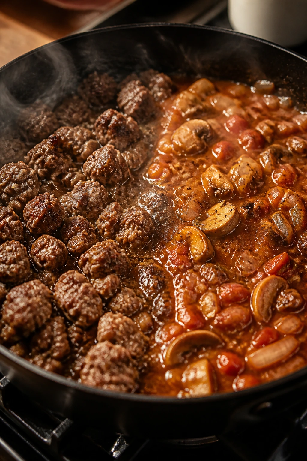 Beef browning in a skillet transitioning to simmering sauce