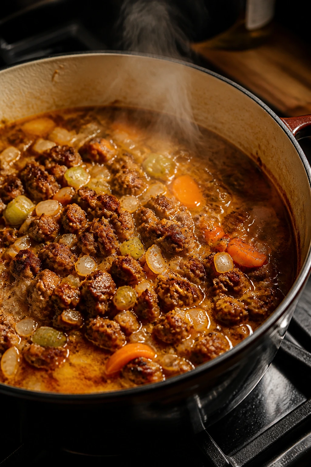 Close-up of browned sausage and aromatics in a simmering pot with steam.