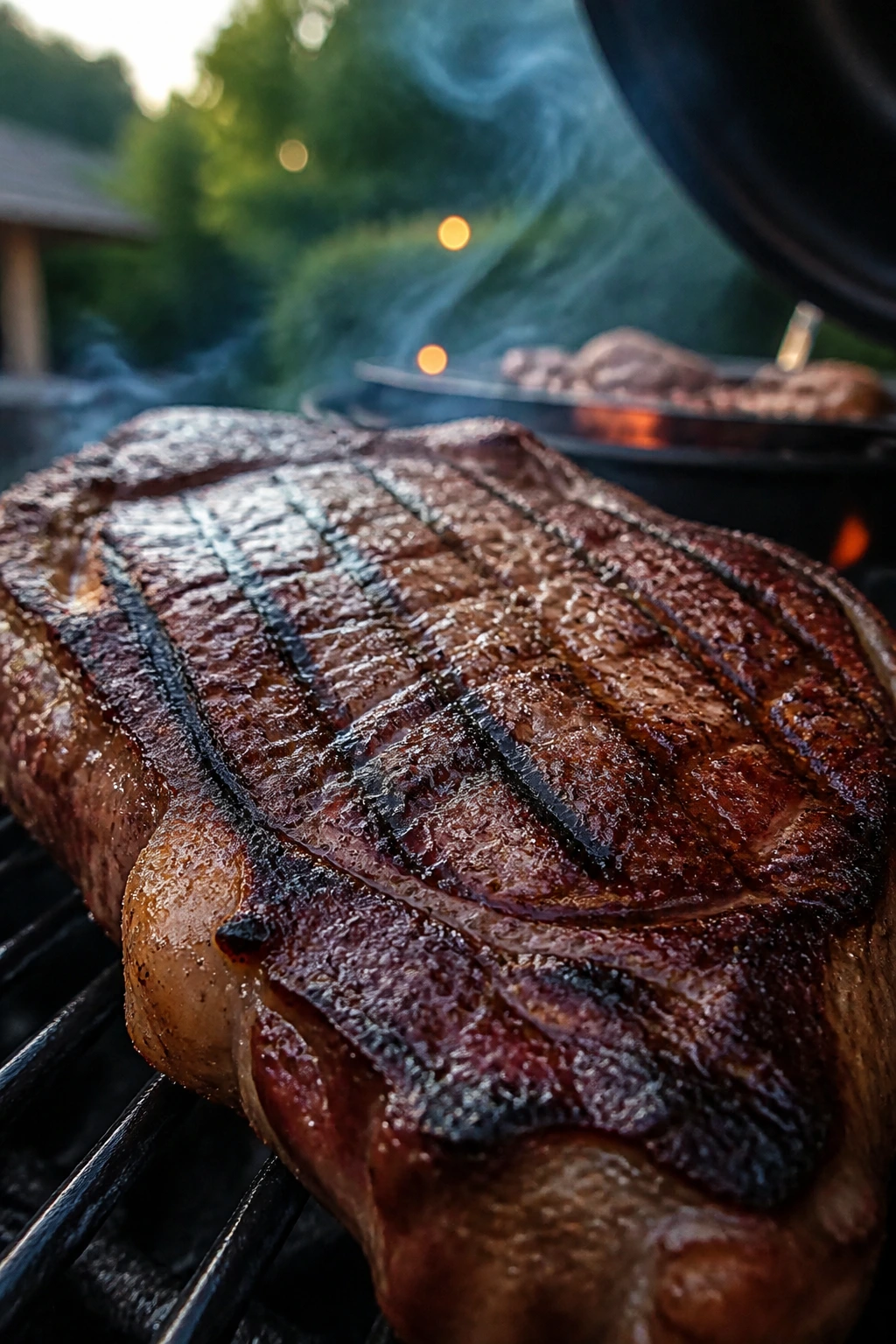 Close-up of a browned steak crust with ridges on a backyard grill