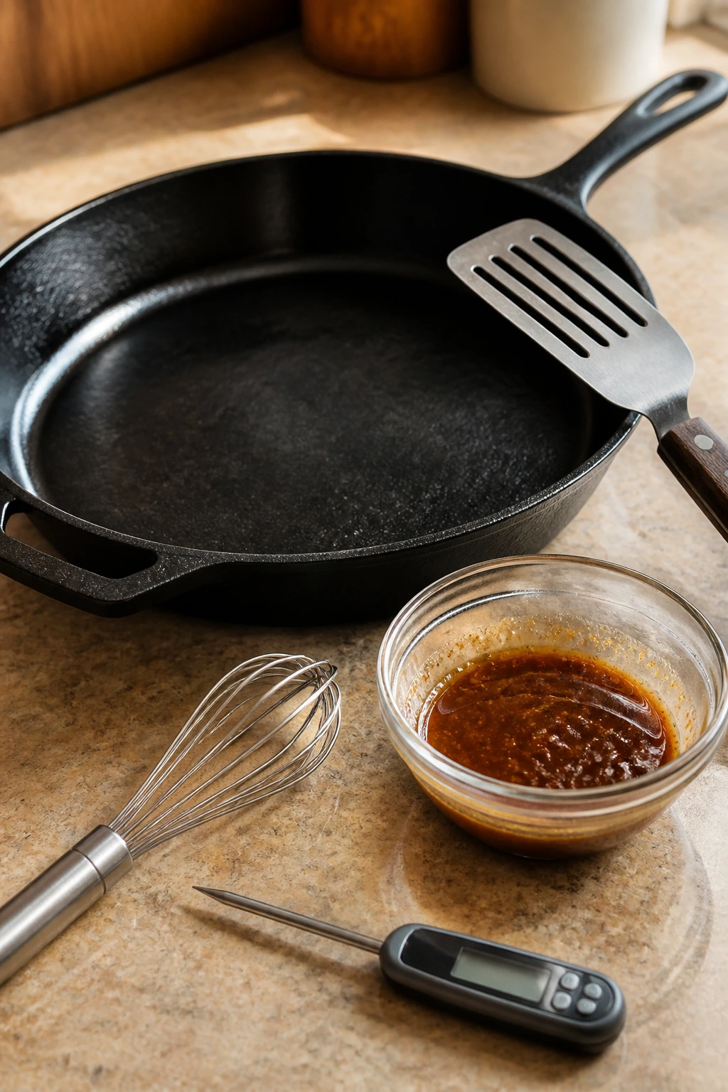 Close up of browning tools (skillet, spatula, bowl, whisk) on a kitchen counter
