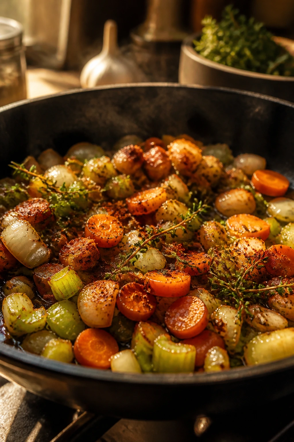 Close-up of browned aromatics in a skillet showing depth and color for flavor-building in soup.