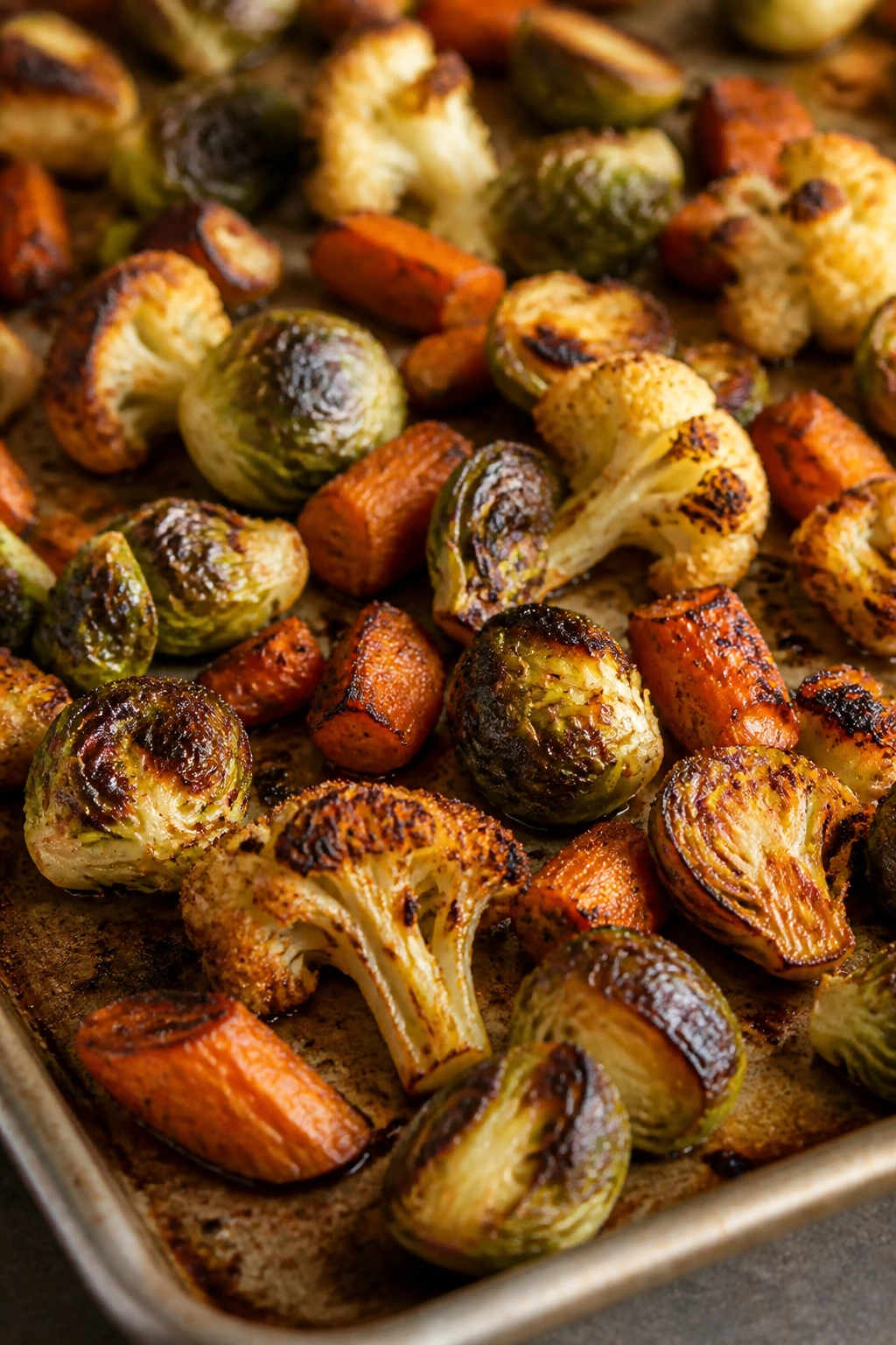 Browning vegetables on a sheet pan with caramelized edges