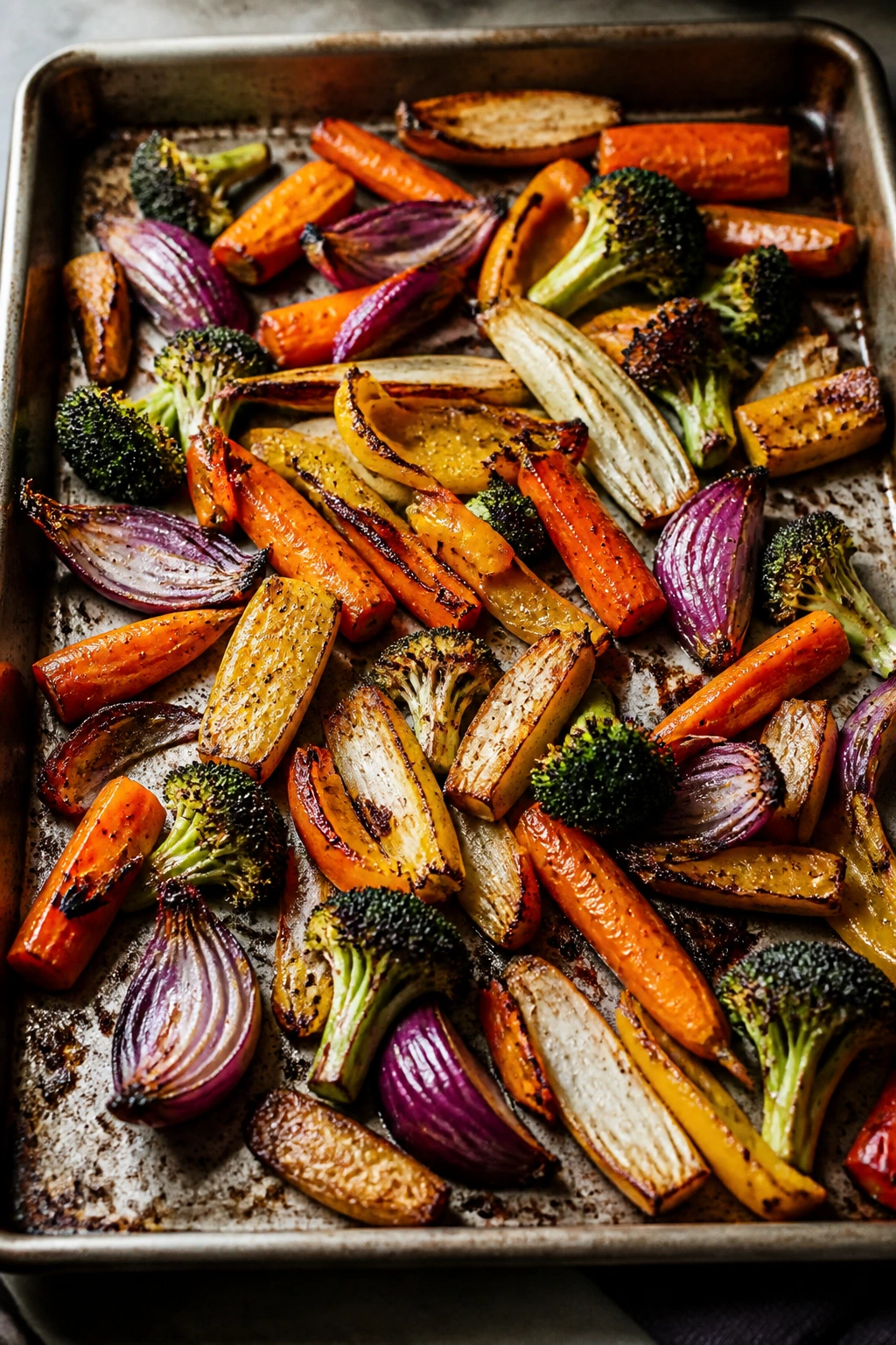 Roasting vegetables browning on a sheet pan