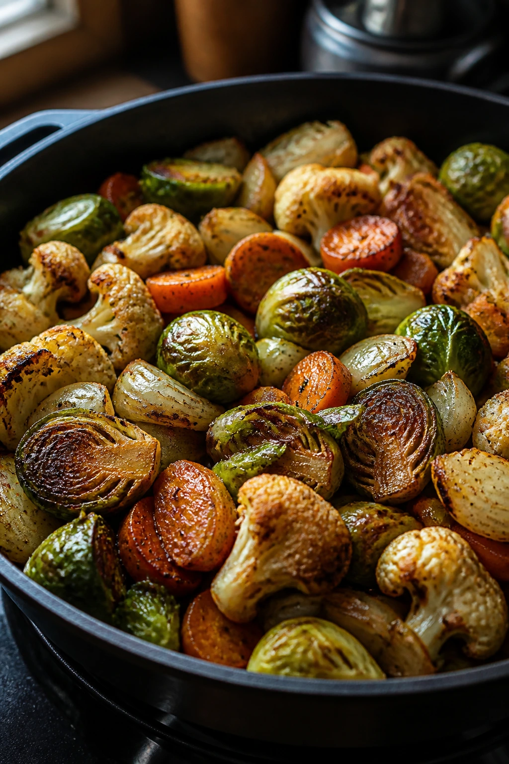 Close-up of browned vegetables in a hot skillet on a kitchen stove.