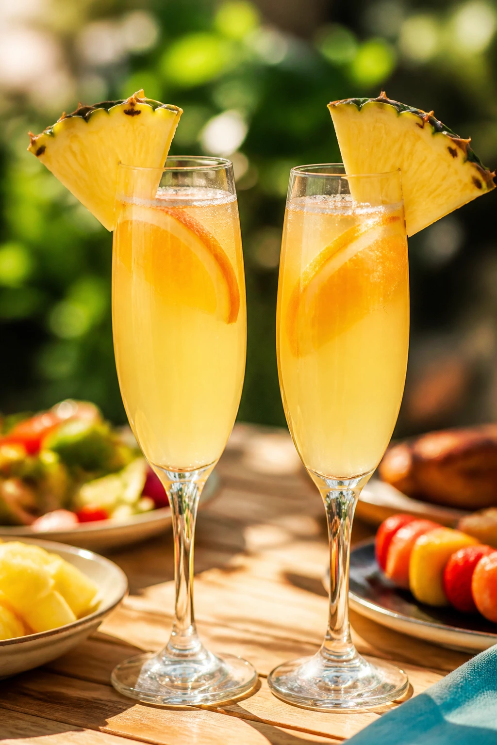 Two chilled champagne flutes with pineapple garnish on a sunny outdoor table