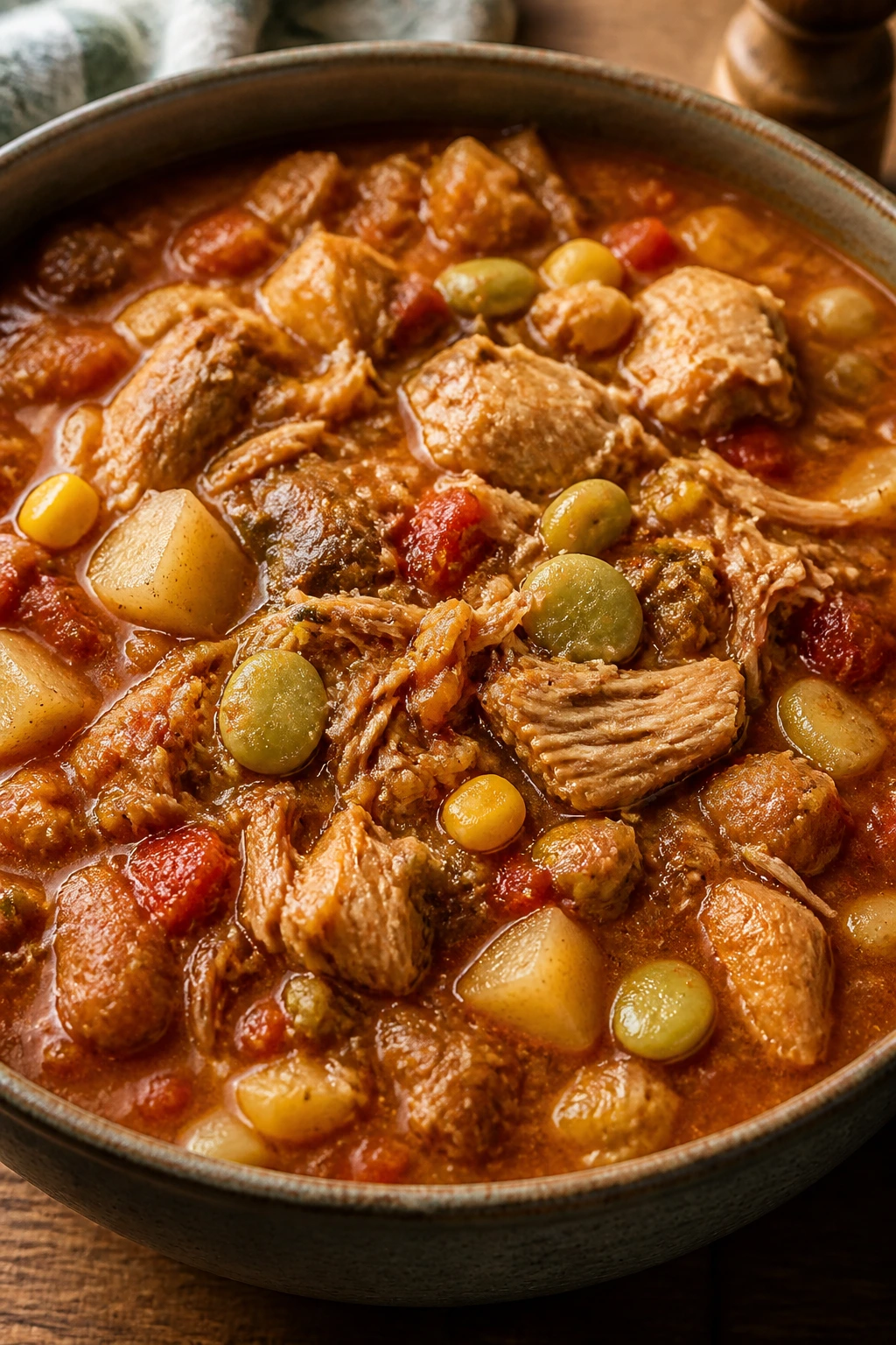 Thick Brunswick stew with chicken, pork, corn and beans in a bowl on a wooden table