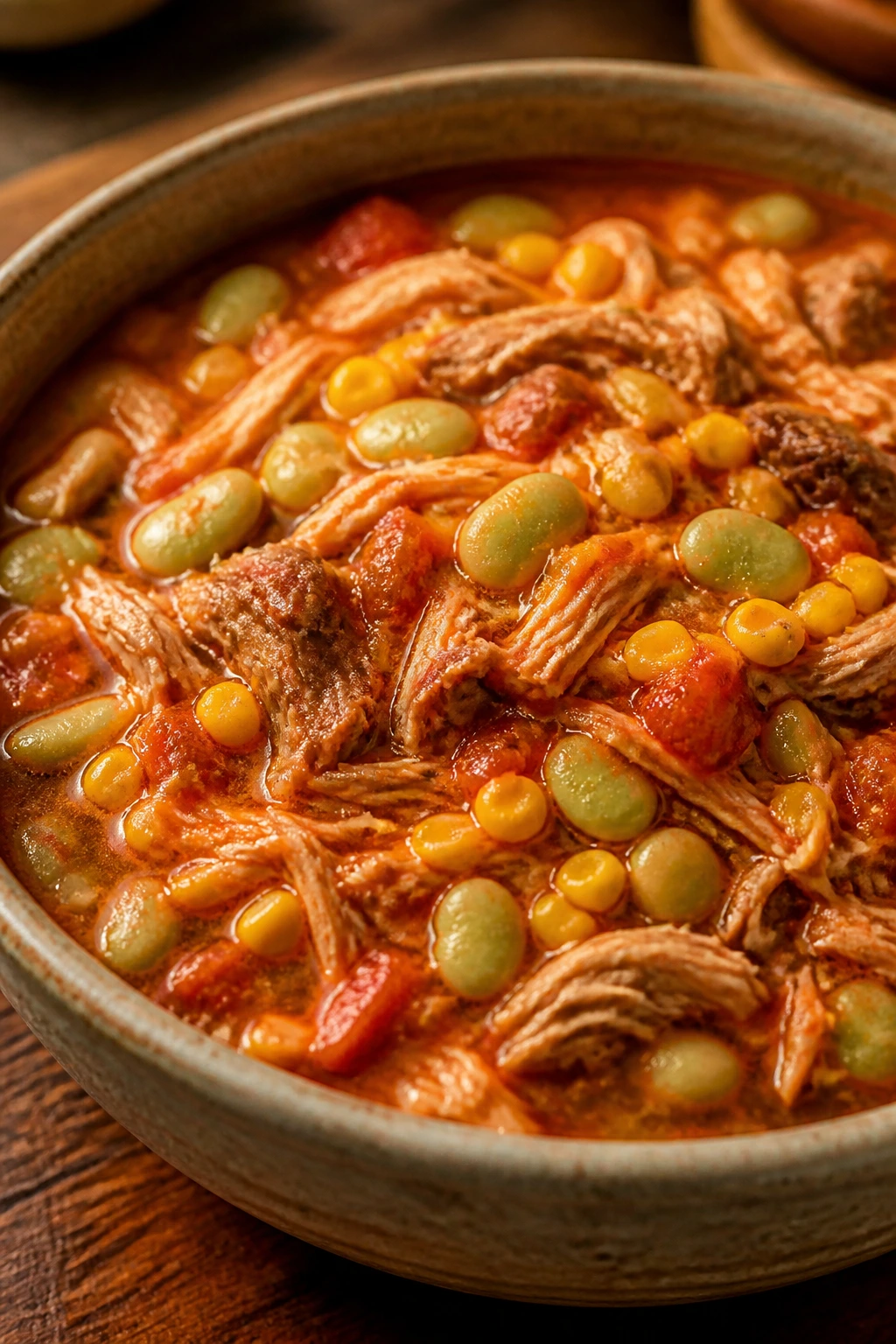 Brunswick Stew in a rustic bowl with chicken, pork, corn, and lima beans