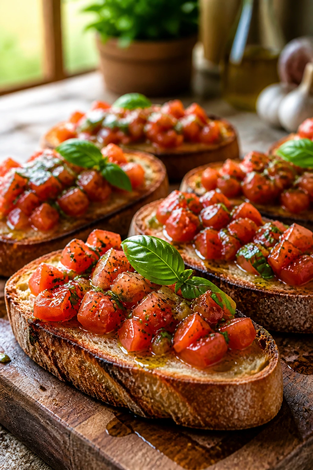 Close-up of bruschetta al pomodoro on wooden board with tomato topping