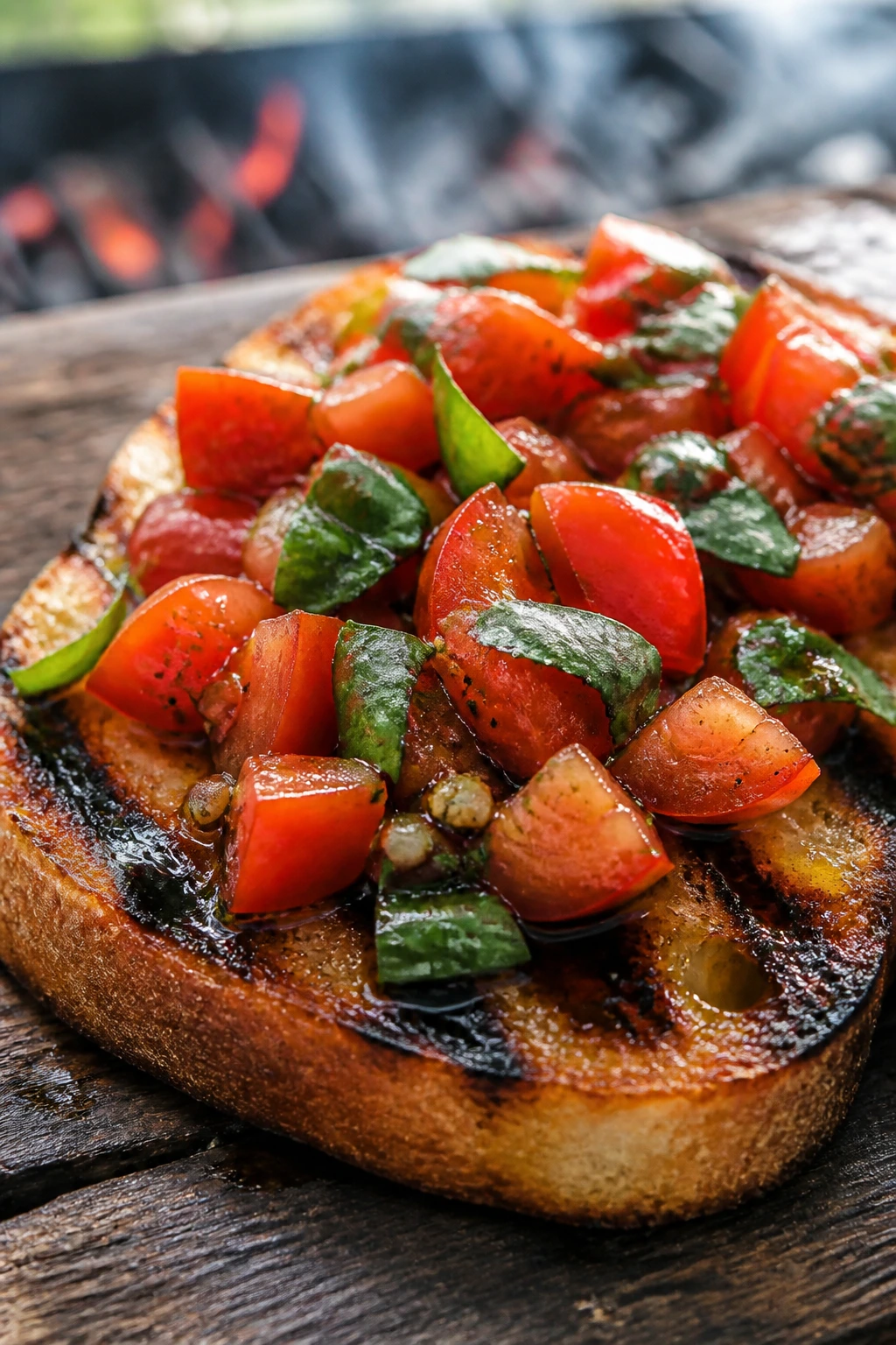 Grilled bruschetta slice with tomato basil topping on wood