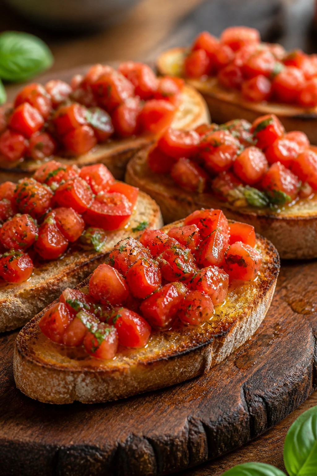 Close-up bruschetta al pomodoro on wooden board with tomato topping