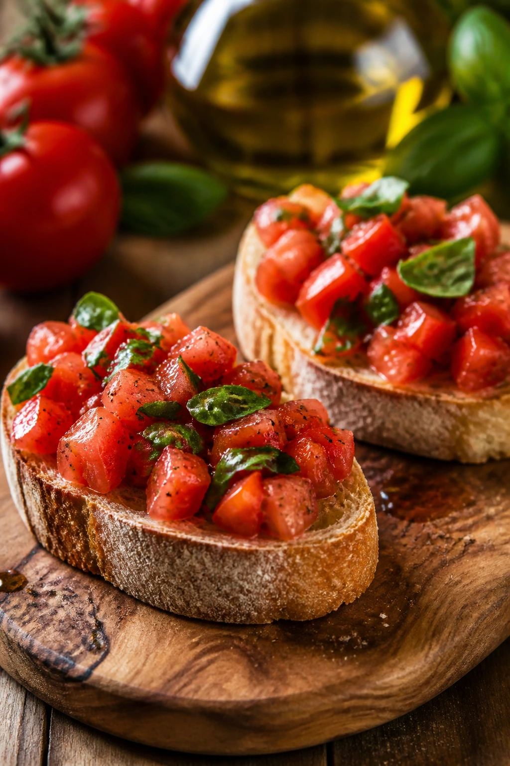 Close-up of bruschetta al pomodoro on a wooden board.