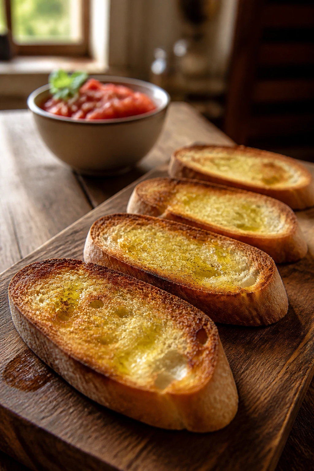 Toasted bruschetta slices on wooden board with tomato topping ready to finish