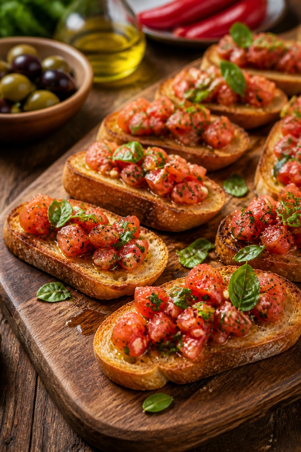 Bruschetta neatly arranged on a long serving board with basil