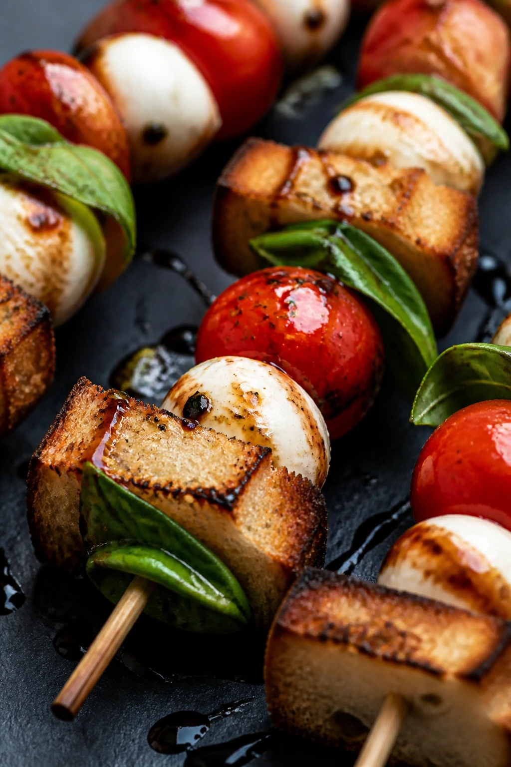 Close-up of balsamic bruschetta skewers with bread, tomatoes, mozzarella, basil and glaze