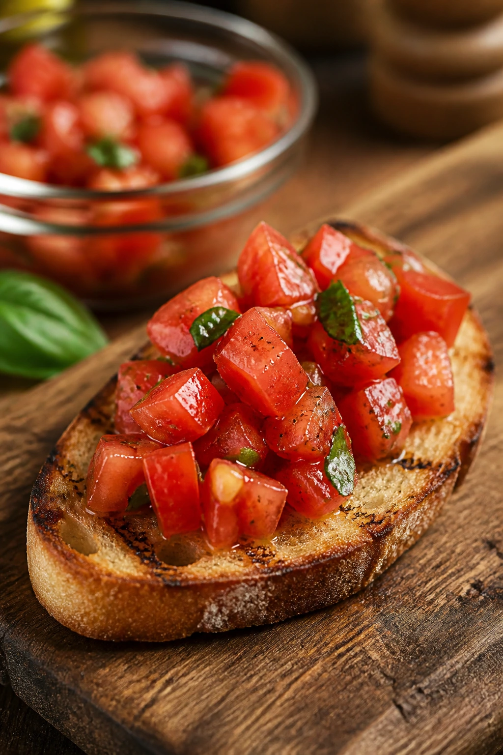 Toasted bread slice with glossy tomato topping on wooden board