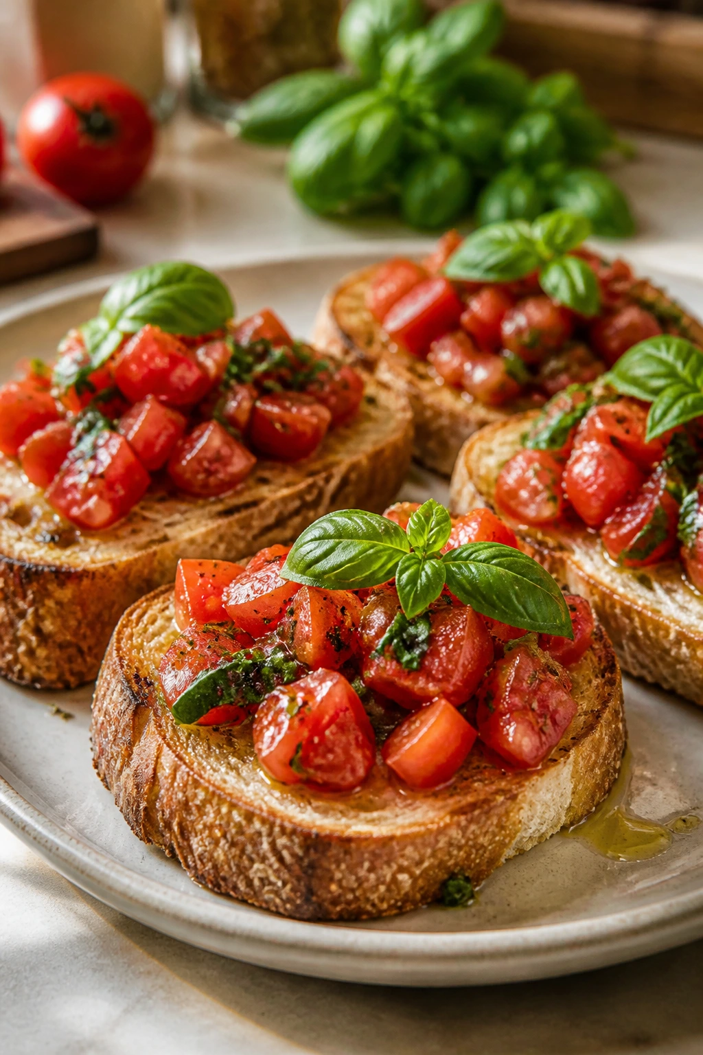 Tomato basil bruschetta on a rustic plate