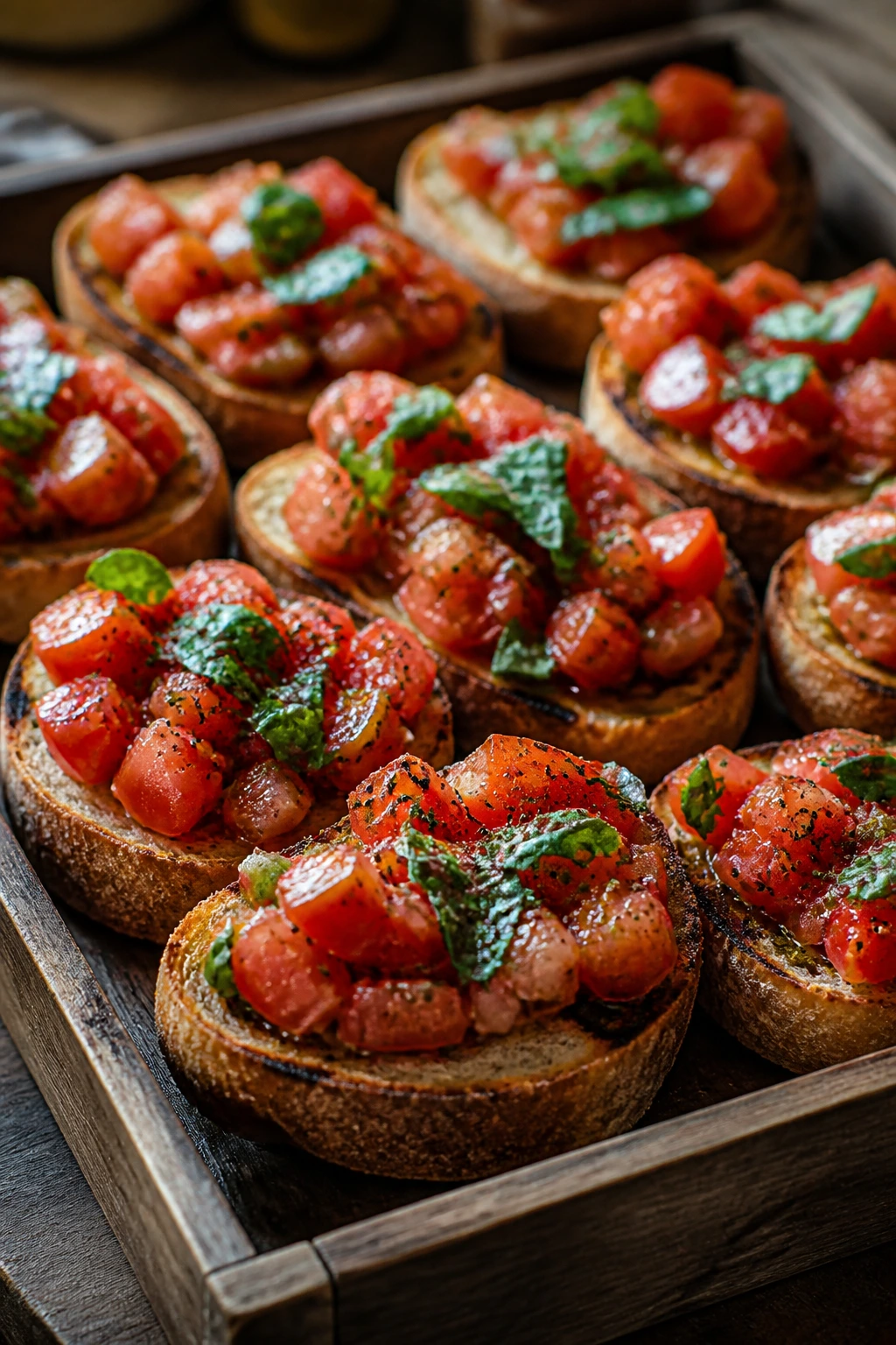 Tray of bruschetta crostini with tomato topping on a wooden tray.
