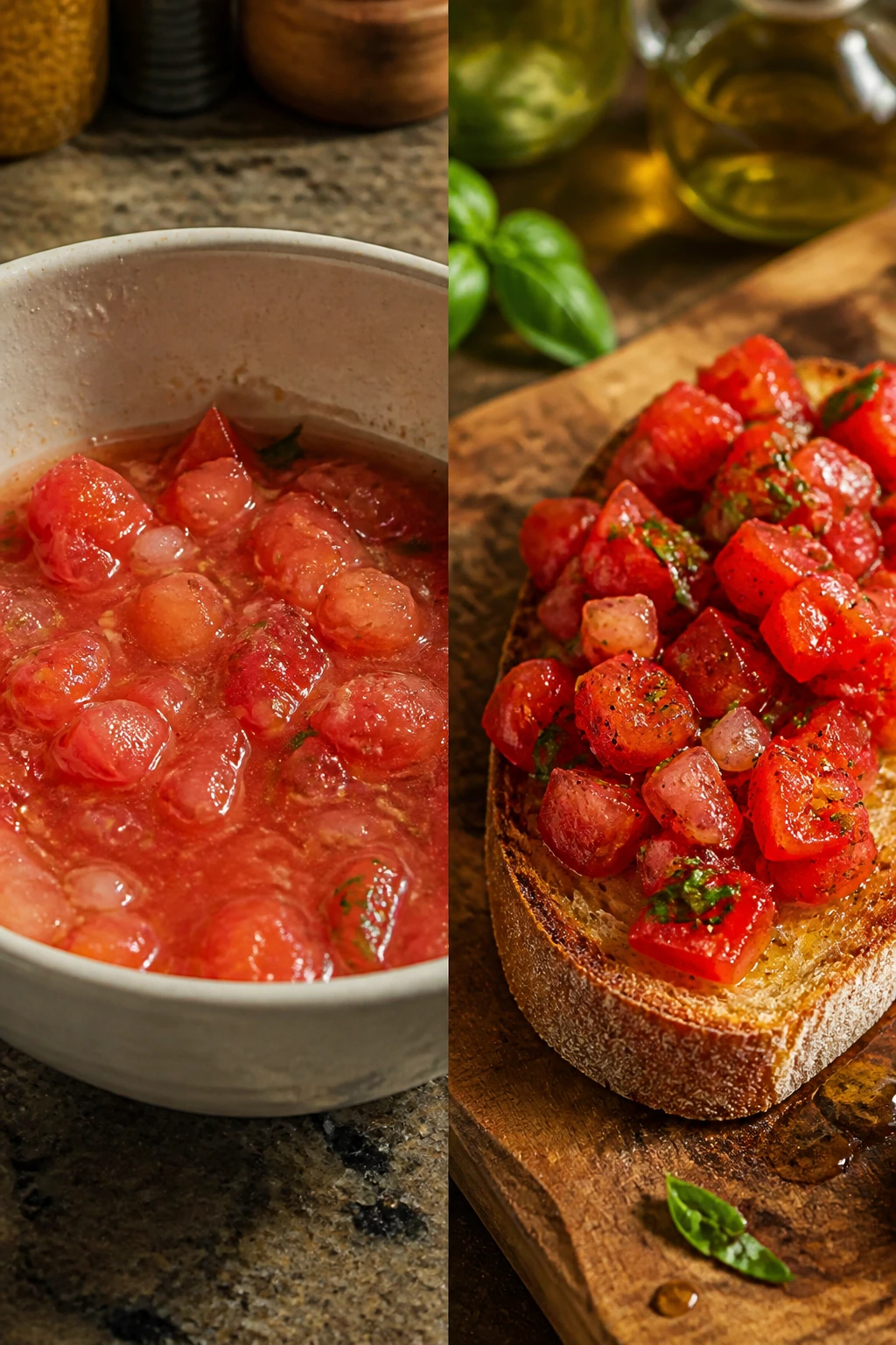 Watery vs drained tomato topping for bruschetta on contrasting halves