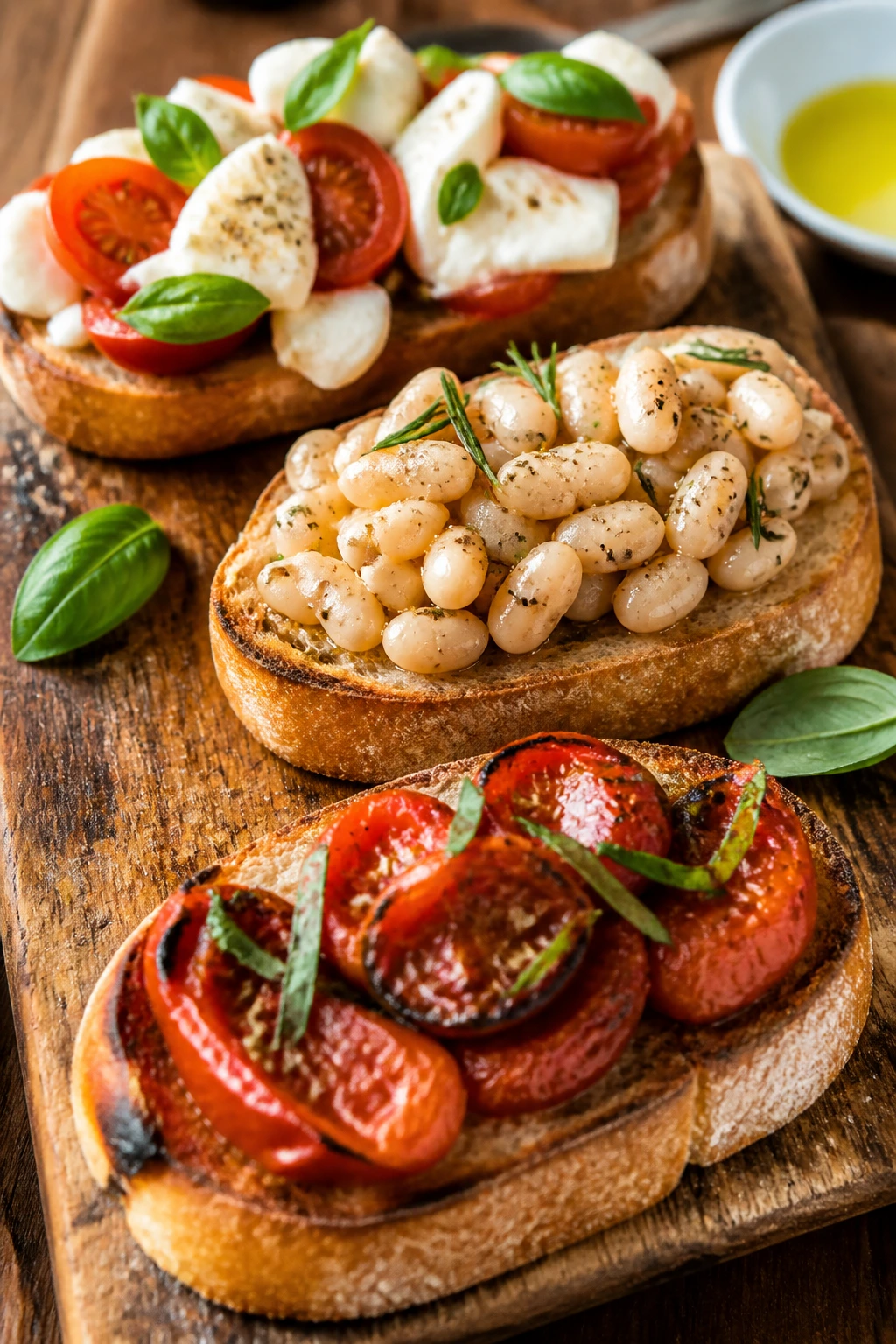 Assortment of bruschetta variations on a wooden board