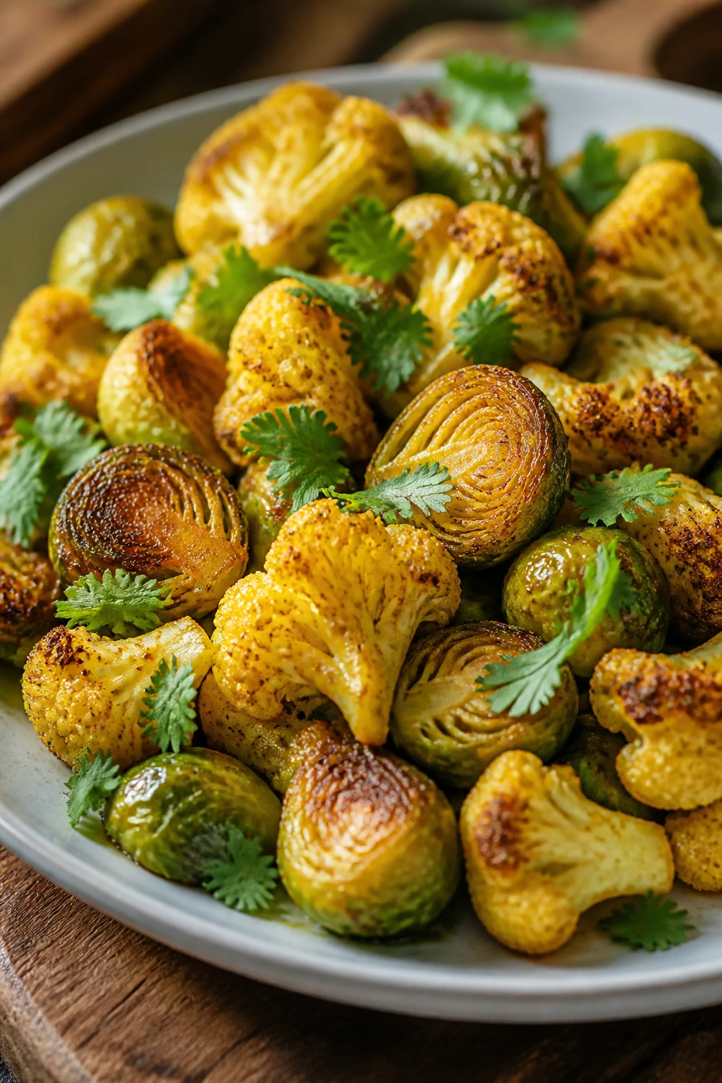 Close-up of Brussels sprouts and cauliflower with curry seasoning on a plate