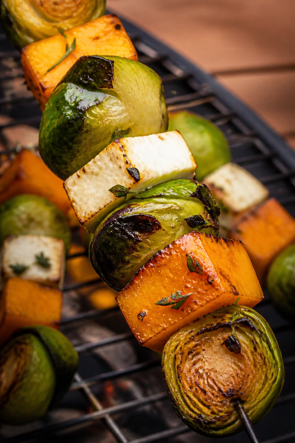 Brussels sprouts squash feta skewers on grill