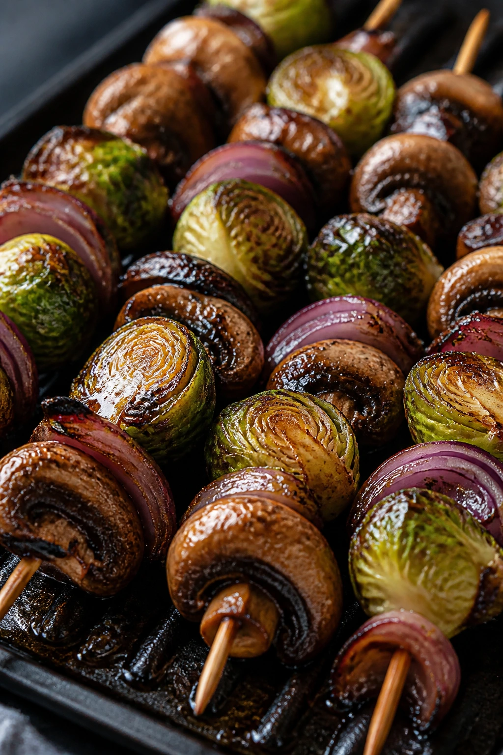 Close-up of balsamic-glazed Brussels sprout and mushroom skewers