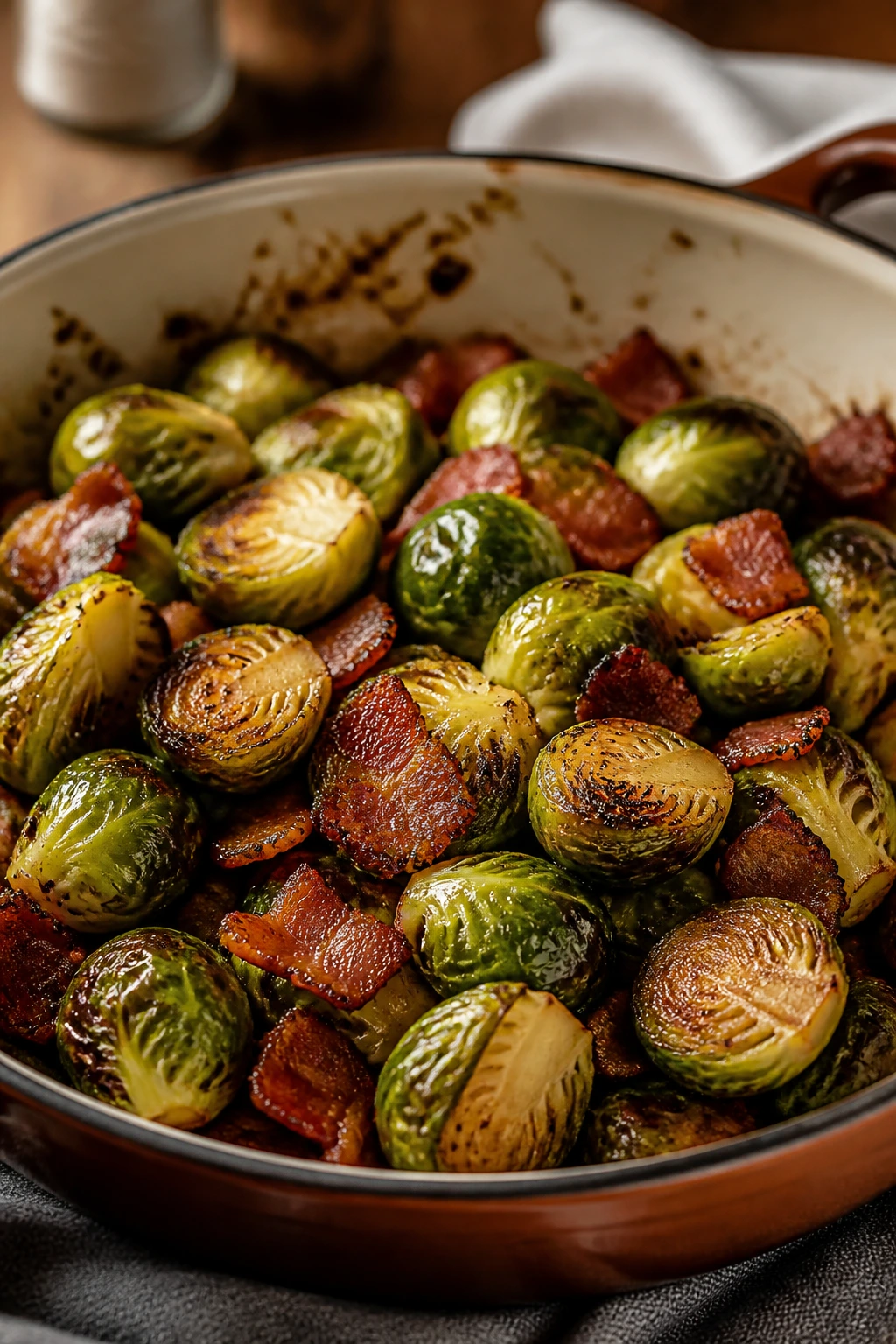 Brussels sprouts with bacon in ceramic skillet under warm kitchen light