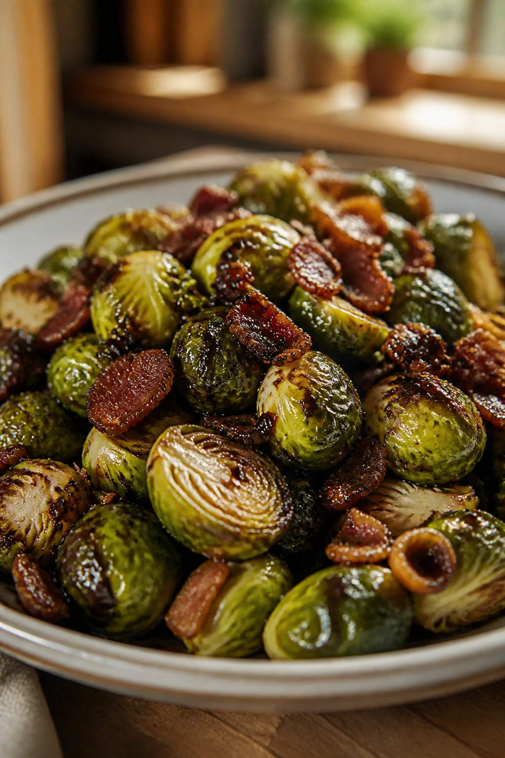 Close-up of Brussels sprouts with bacon and balsamic glaze on a shallow plate