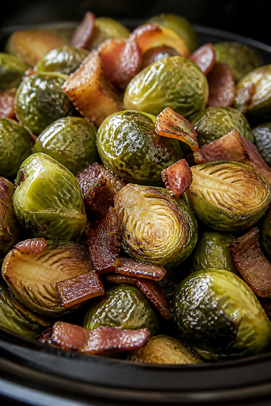 Brussels sprouts with bacon and balsamic glaze in a warm setting