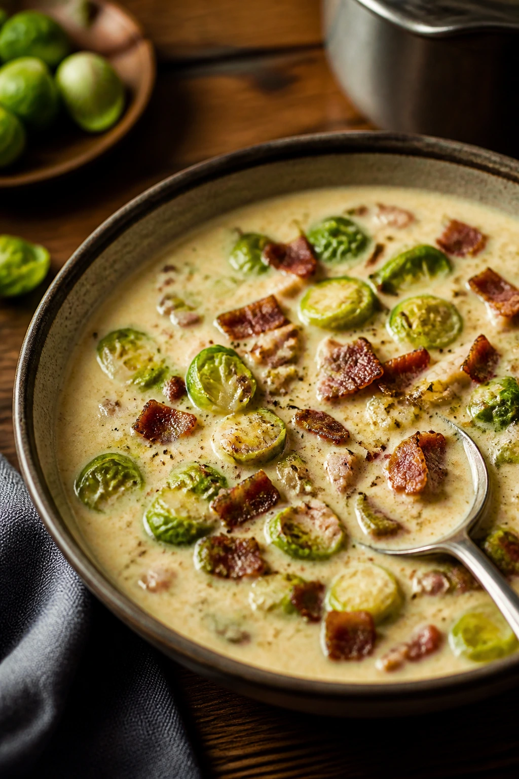 Close-up of Brussels Sprout and Bacon Chowder in a bowl