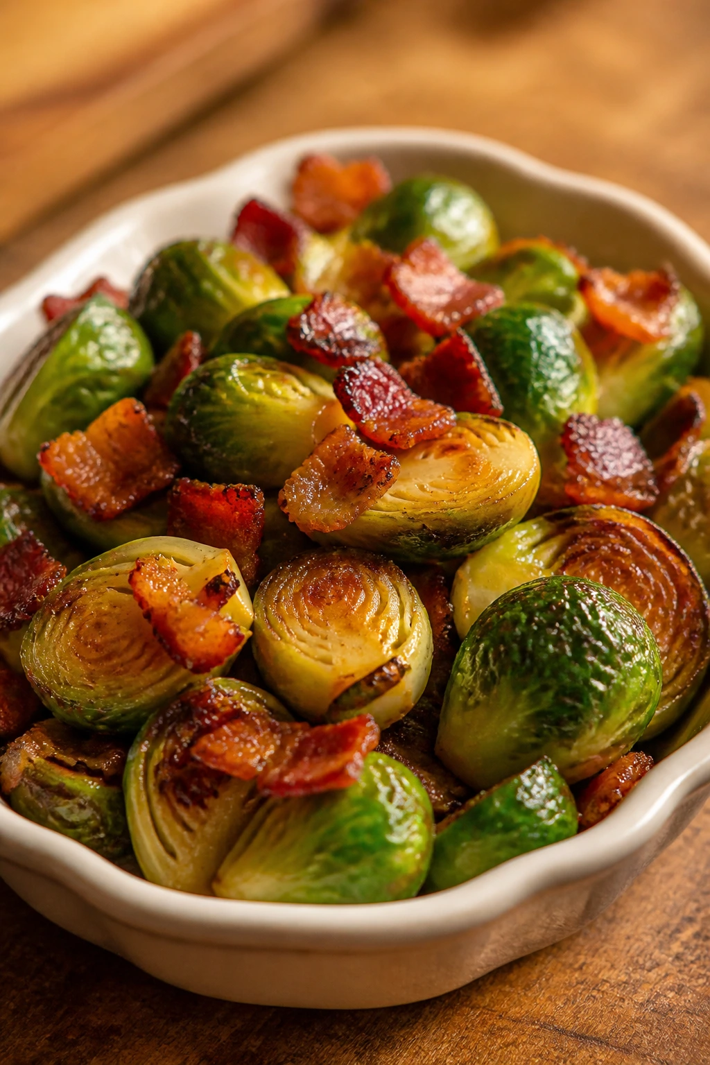 Brussels sprouts with bacon and maple glaze in serving dish