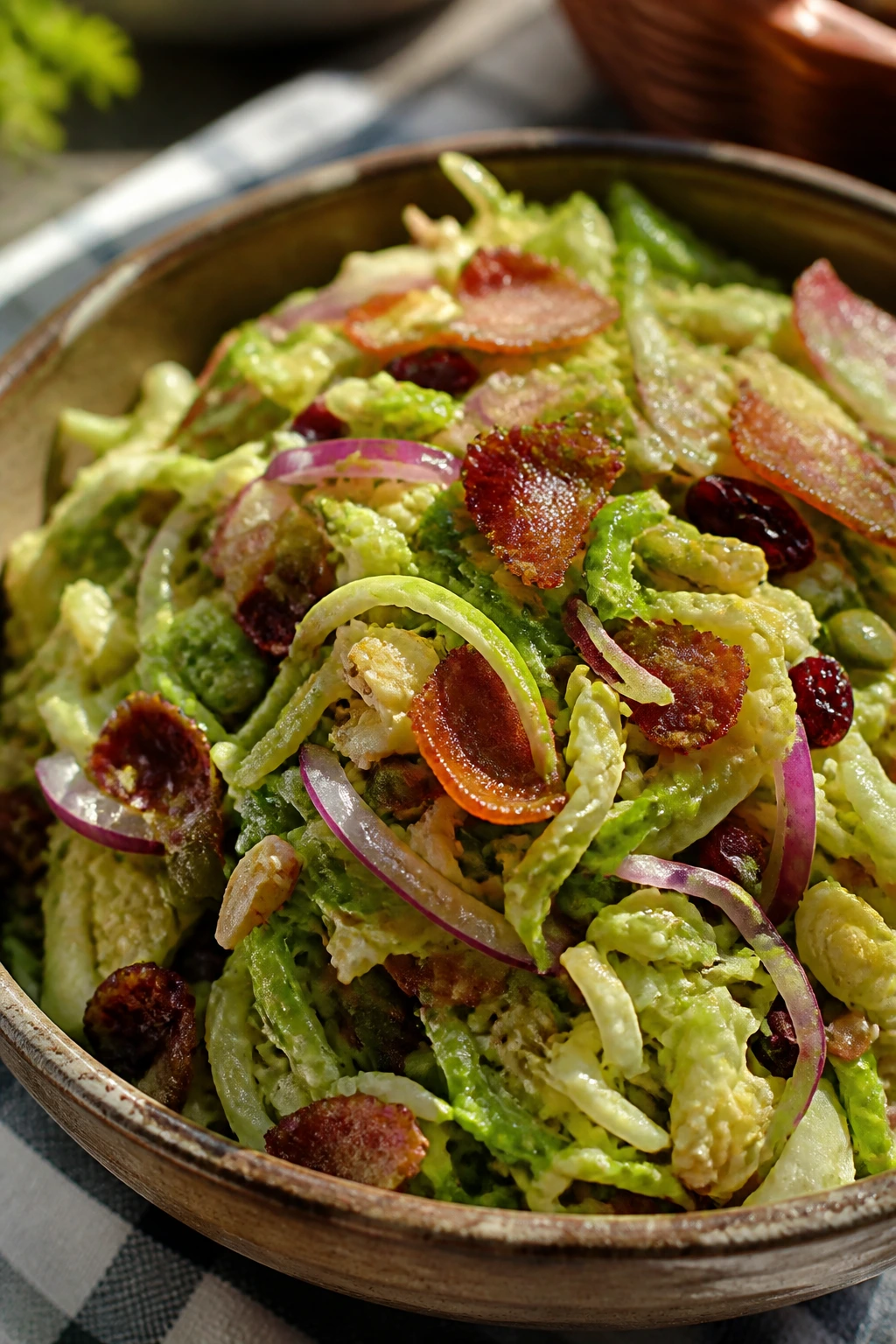Brussels sprouts slaw with bacon and maple dressing in a rustic bowl at a picnic.