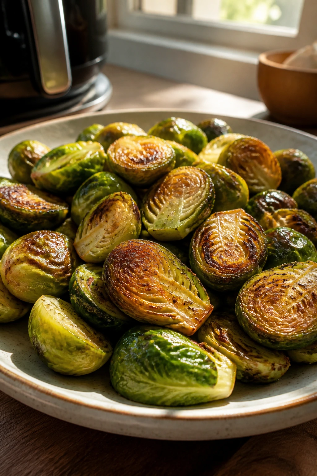 Halved Brussels sprouts with caramelized edges on a plate in a warm kitchen