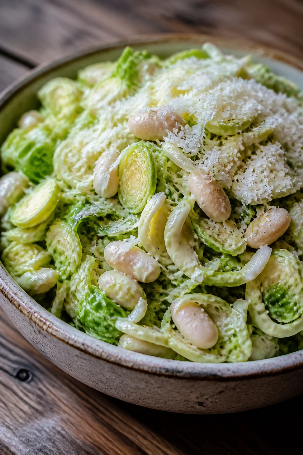 Brussels sprout Caesar salad with white beans and parmesan in a bowl
