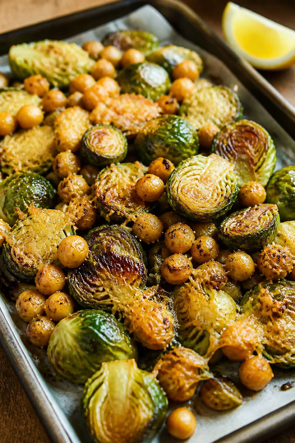 Close-up of crispy Brussels sprouts with chickpeas and Parmesan crust