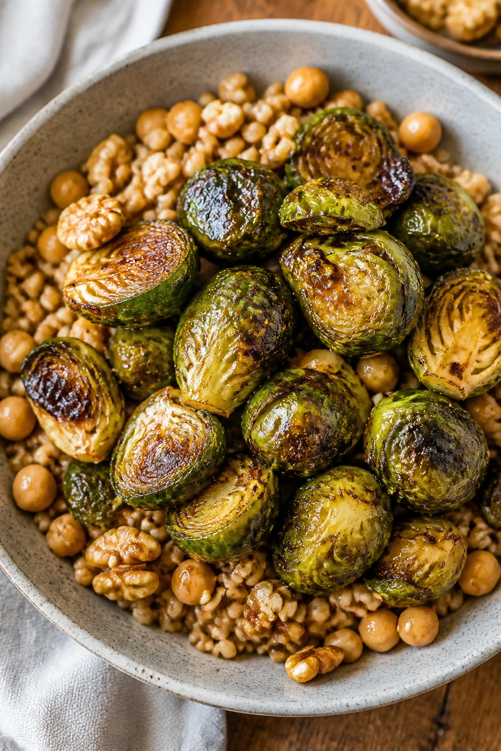 Roasted Brussels sprouts with maple Dijon glaze on a bed of farro in a rustic bowl