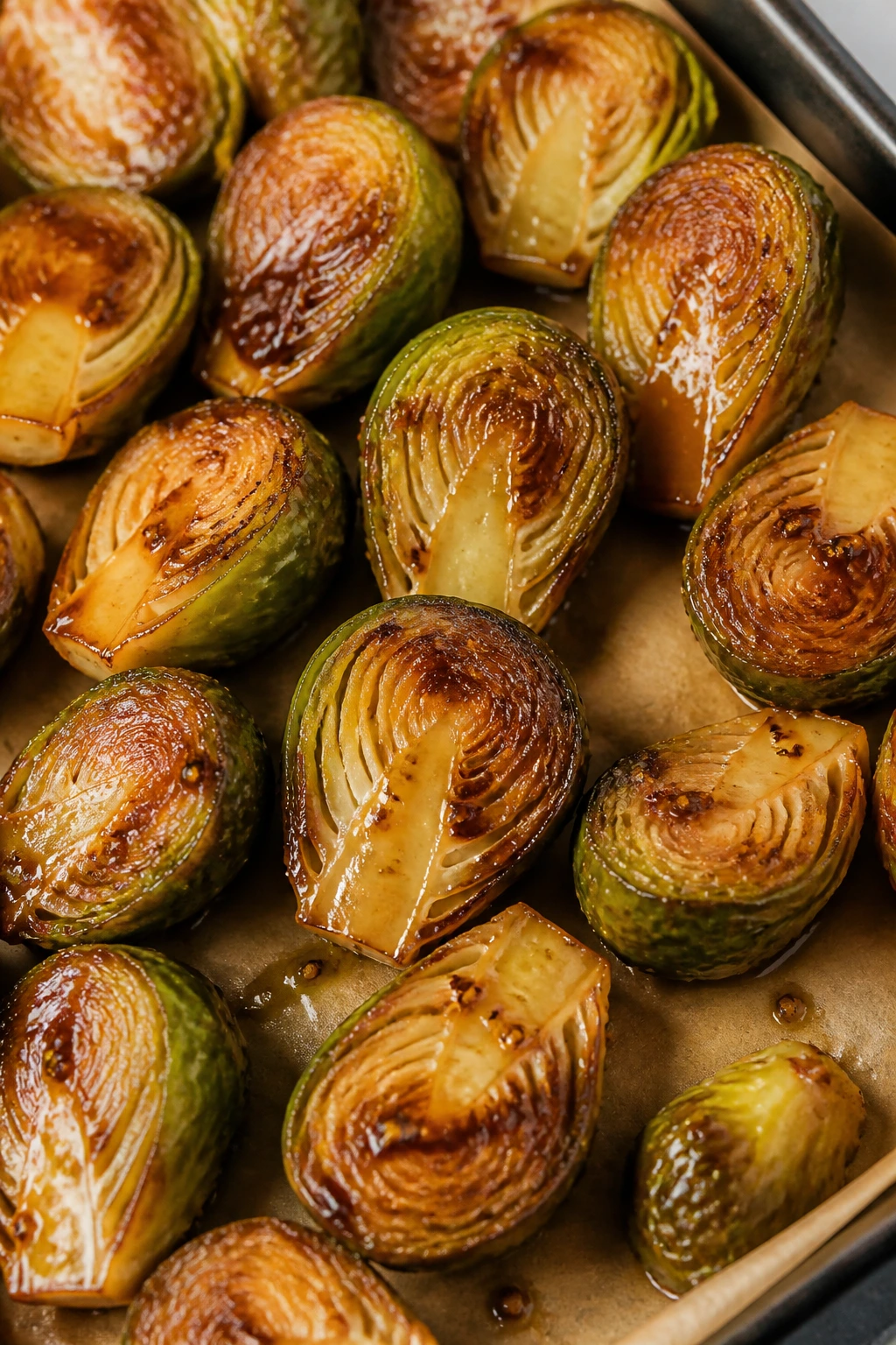 Brussels sprouts halves glazed with maple and Dijon.