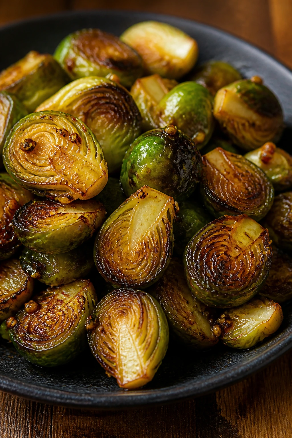 Close-up of glazed maple-Dijon Brussels sprouts with caramelized edges.