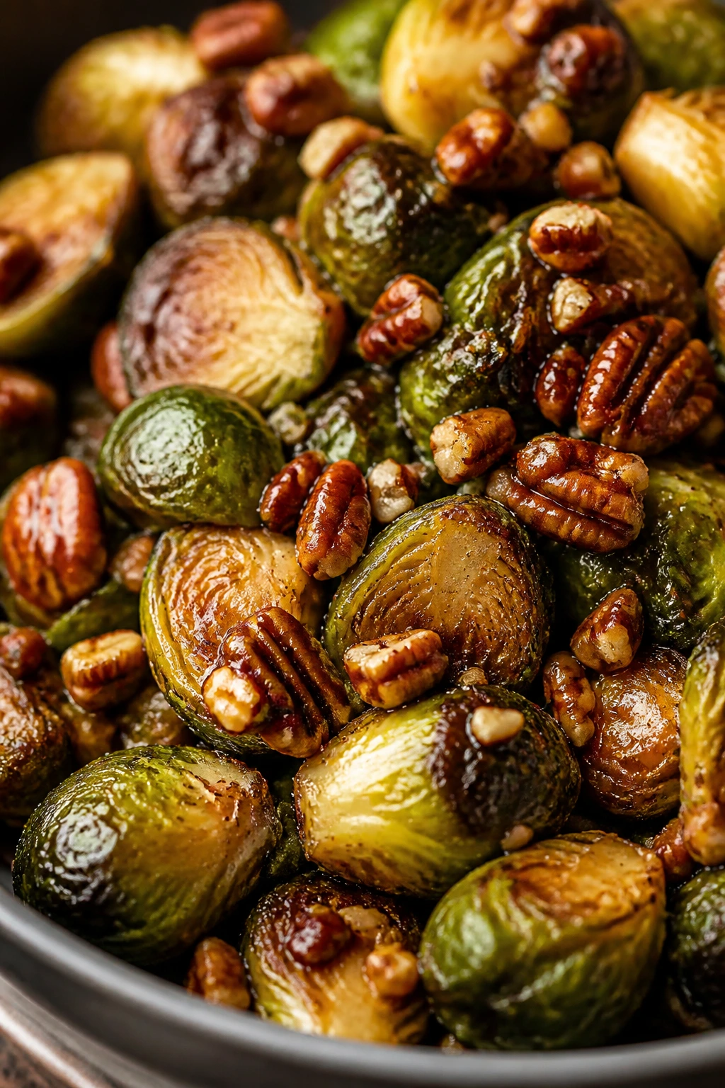 Caramelized Brussels sprouts with pecans on plate