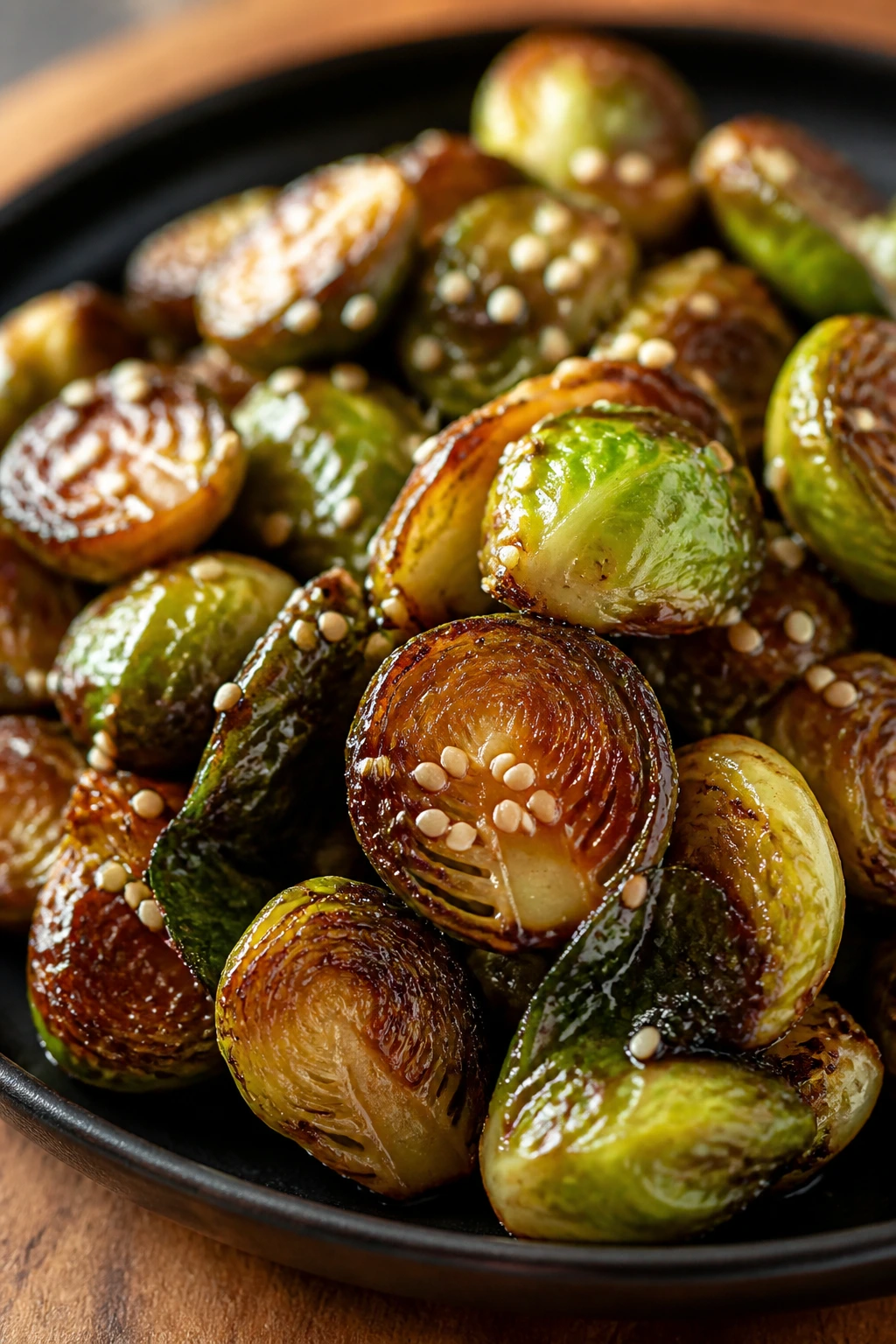 Glazed Brussels sprouts with sesame seeds on a dark plate