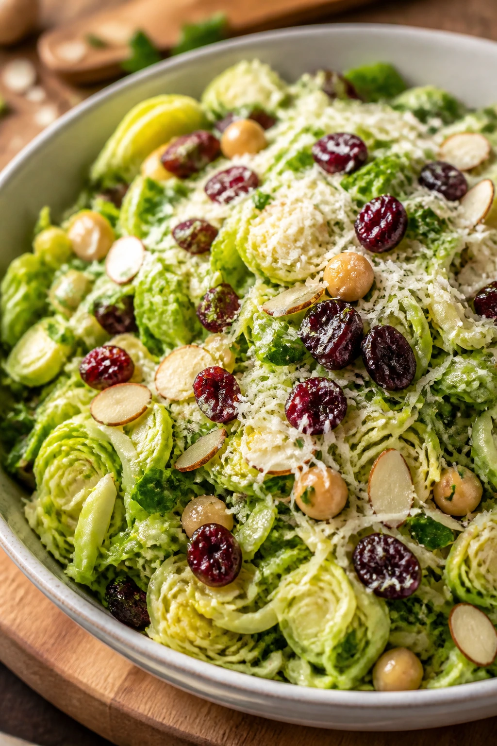 Brussels sprout parmesan salad with cranberries in a bowl